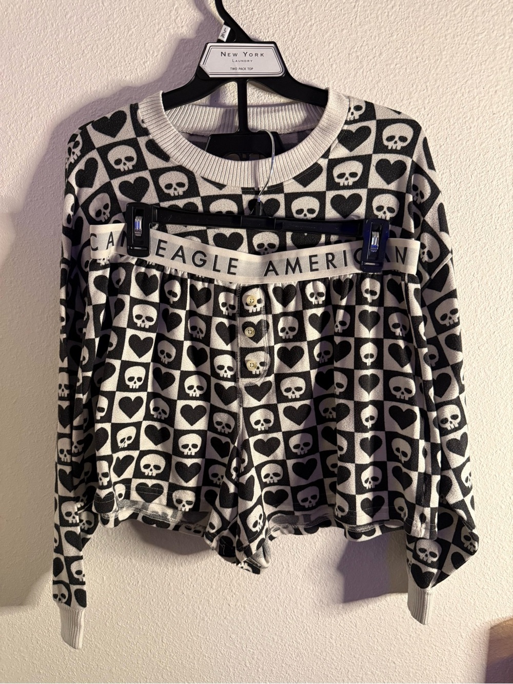 American Eagle AE Halloween Skull Heart Checkered Lounge Pajama Set Large